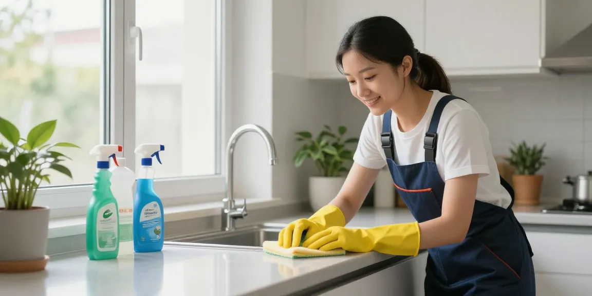 Expert cleaner demonstrating effective wohnungsendreinigung bern in a bright, tidy kitchen.