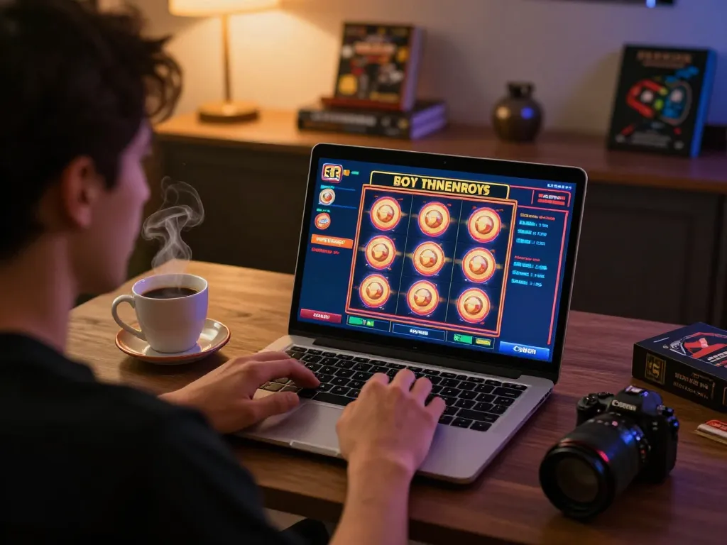 Engaging online casino experience with f168 player enjoying colorful slot reels spinning on laptop.