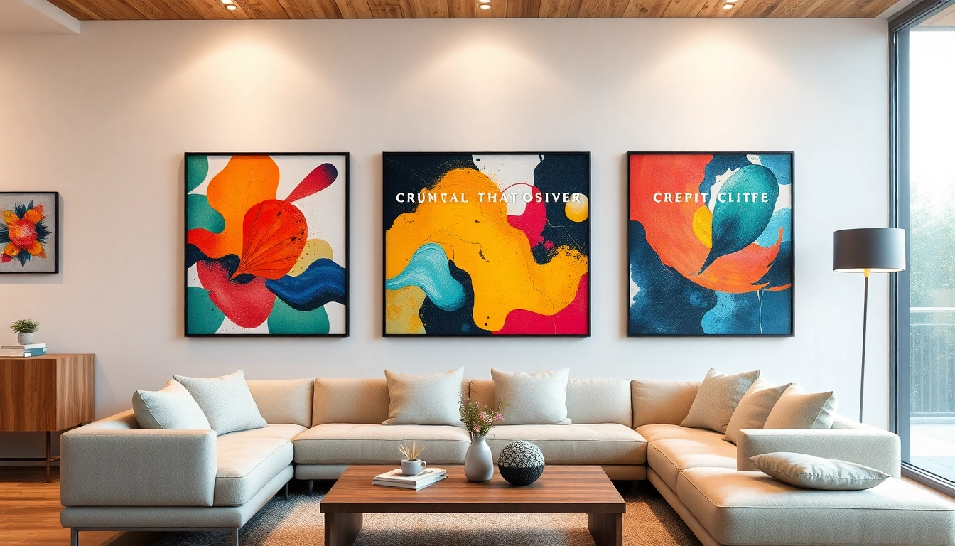Präsentation von modernen wandbilder in einem stilvollen Wohnzimmer mit einzigartigen Designs.