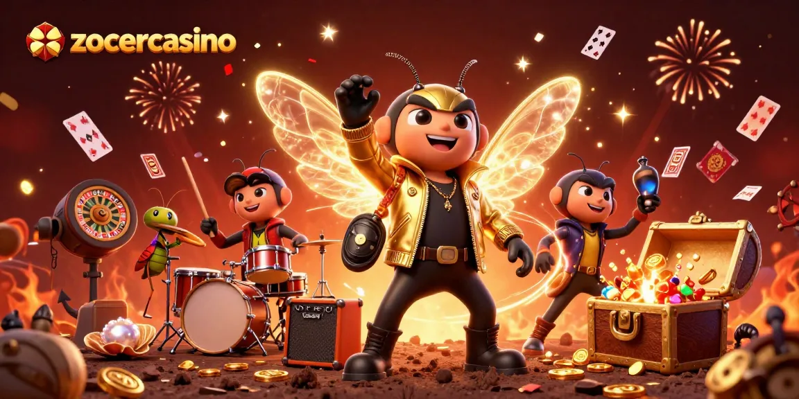 Zoccercasino's vibrant illustration showcases a dynamic casino scene with a rock star cicada, adding excitement to online gaming.