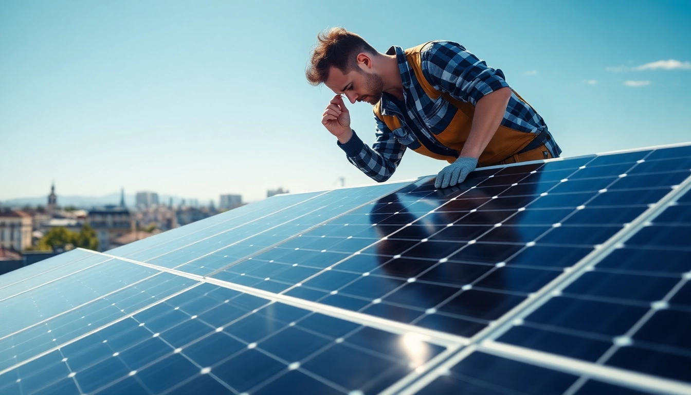 PV Anlagen Wien auf einem modernen Dach mit einem Techniker bei der Arbeit.