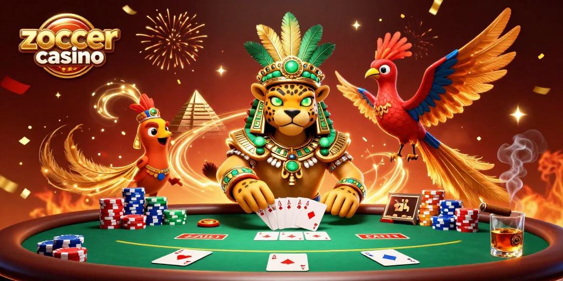 Zoccer casino presents a vibrant 3D scene with Mayan jaguar priest and quetzal bird amidst poker elements.