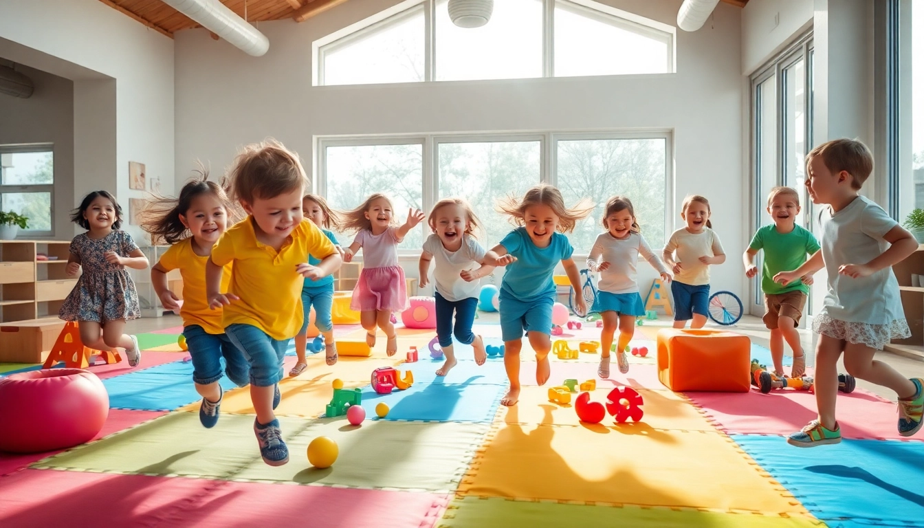 Hier klicken und informieren ueber eine Gruppe von Kindern, die mit Bewegungsspielen drinnen Spass haben.