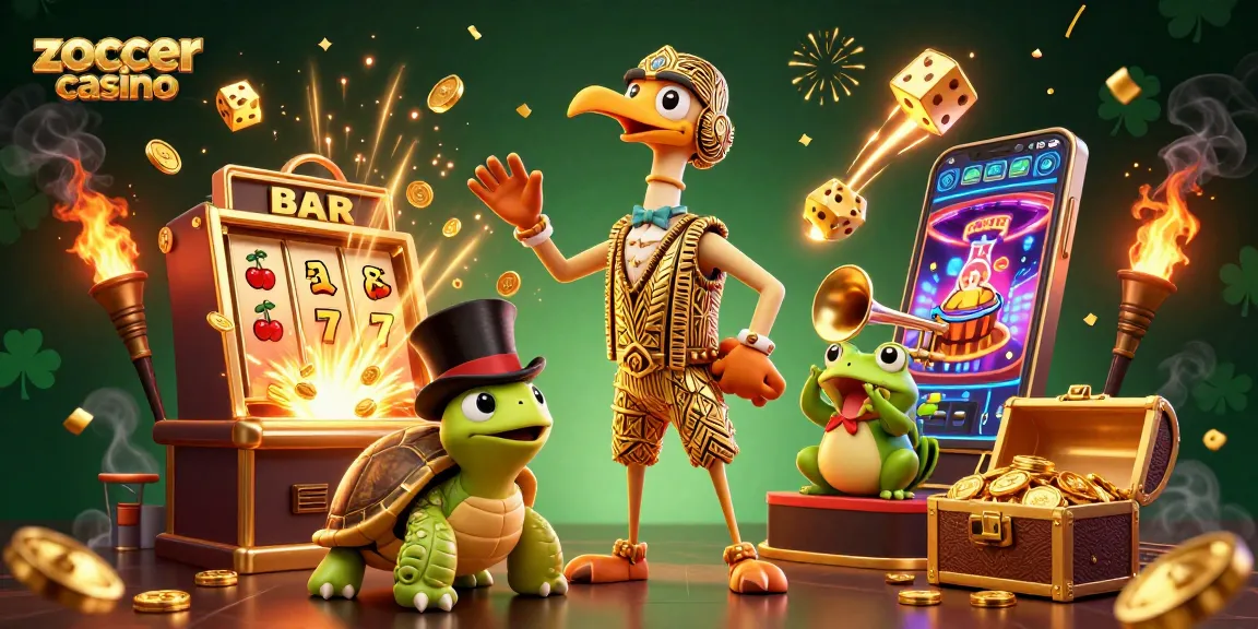Experience thrilling games at zoccer casino with jackpot wins and lively characters in action-packed illustration.