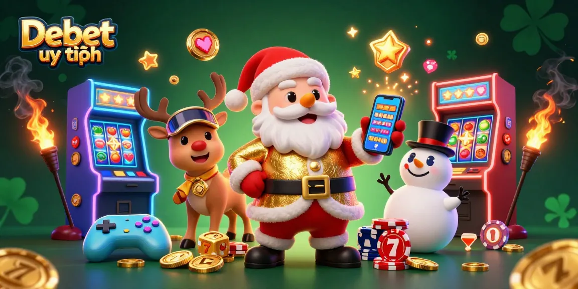 Experience jackpots at Debet uy tín with a festive 3D scene showcasing unique casino characters.