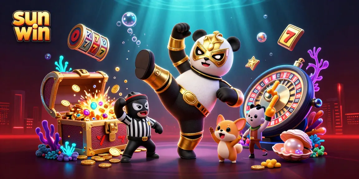 Experience sun win excitement with a panda wrestler and lively crowd in a dynamic casino scene.